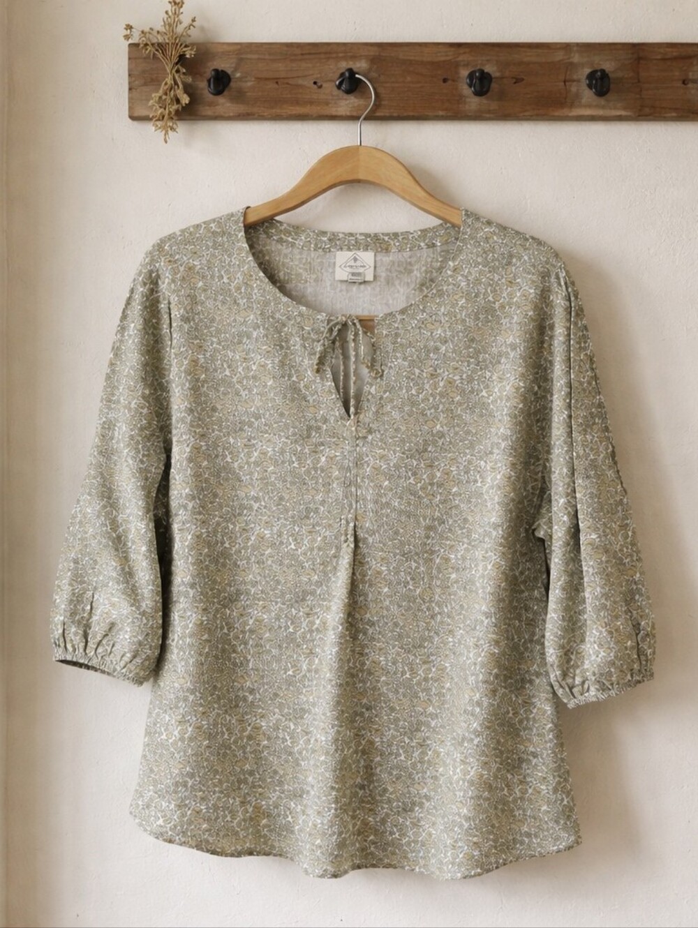 St. John's Bay Khaki and White Floral Tie-Front Blouse